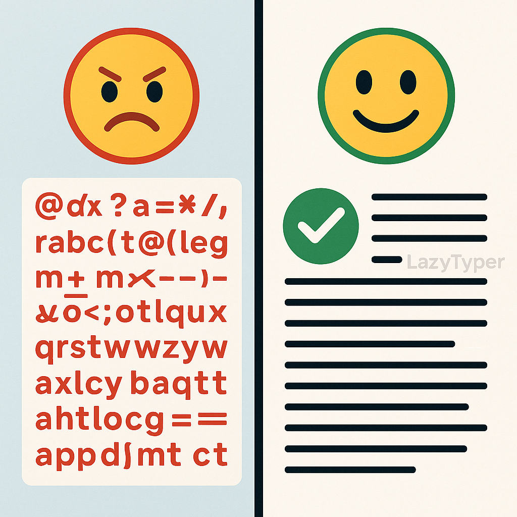 A comparison showing a garbled text from a standard dictation tool next to a clean, accurate text from LazyTyper.