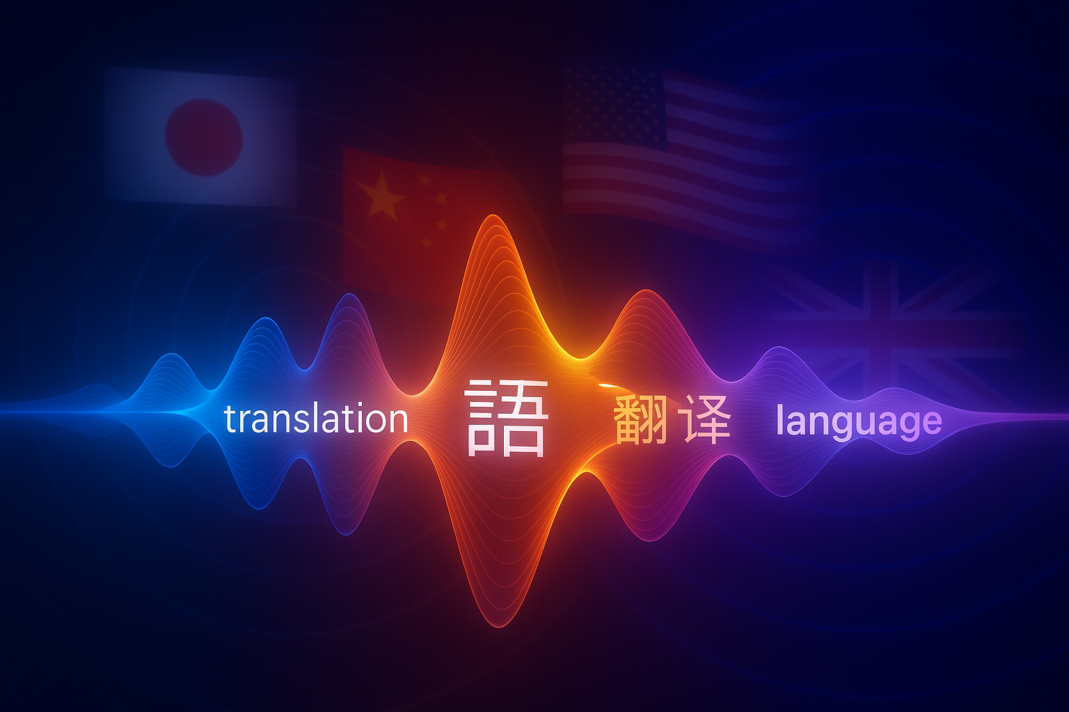 An illustration of world flags morphing into soundwaves and then into text in different languages.